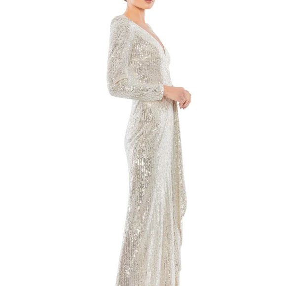 MAC DUGGAL 26395 SEQUIN FAUX WRAP SILVER EVENING GOWN sz 10 - Picture 5 of 8